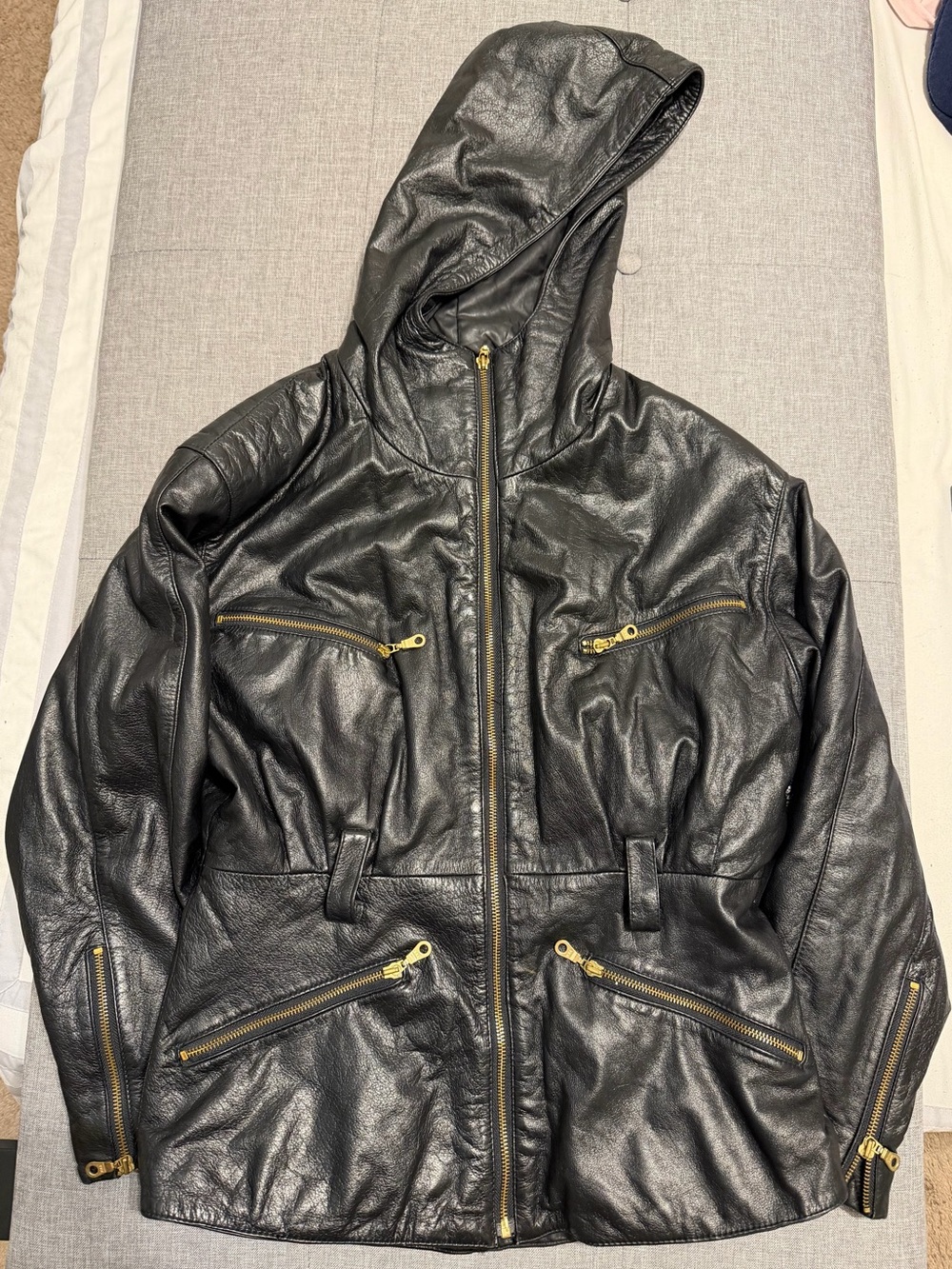 Wilsons Black Label Leather hoodie Jacket Lining with gold zippers
